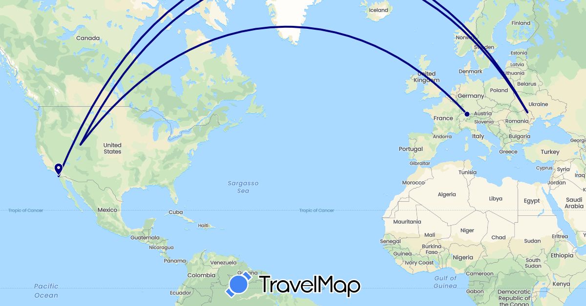 TravelMap itinerary: driving in Switzerland, Moldova, United States (Europe, North America)